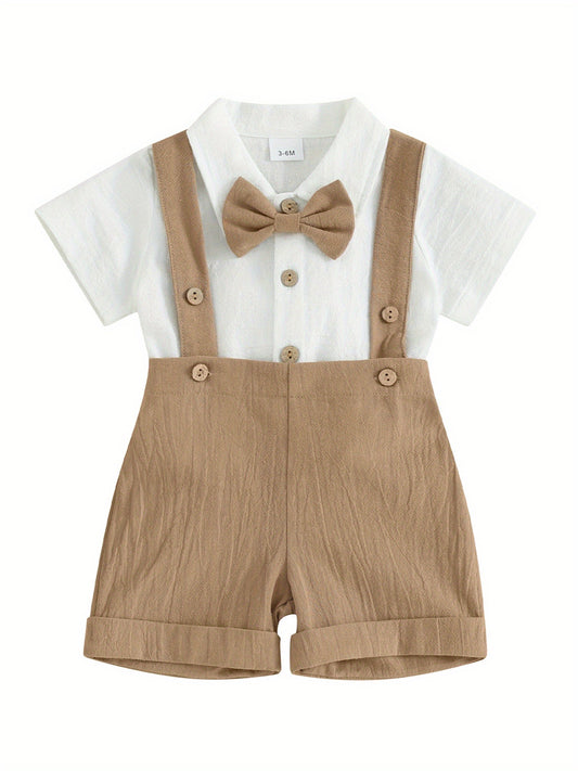 0-18 Months Toddler Boy Gentleman Outfit Solid Color Short Sleeves Romper with Bow Tie and Overalls Shorts Set for Formal Wear, for Outdoor