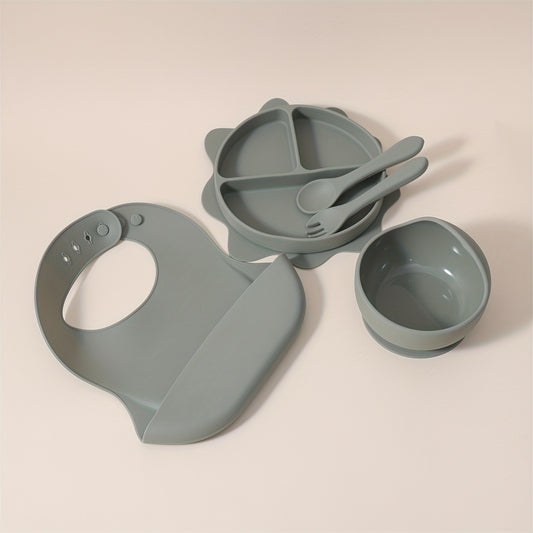 1 Set 5pcs, Baby Feeding Set With Bib, Silicone Divided Sun Plate, suction Bowl and Spoon & Fork, BPA-Free, Shatterproof, Self-feeding Utensils, Portable, Microwave & Dishwasher Safe, Tableware Set, Baby Infant Supplies