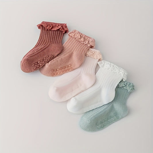 10 Pairs Youngsters' Non-Slip Lace-Trimmed Mid-Calf Socks - Breathable Cotton Blend, All-Season Toddler Walking Socks with Ribbed Cuffs & Decorative Embellishments, Cute Socks, Toddler Socks, Playful Sock Design, Soft Sock Material