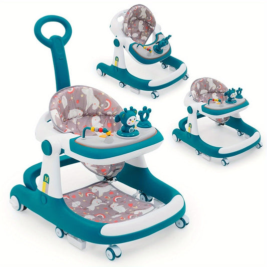 Foldable Baby Walker & Activity Center with Adjustable Height, 2-Speed Control, Locking Mechanism - Convertible Walk-Behind Walker, Musical Toys Tray with Lights/Music