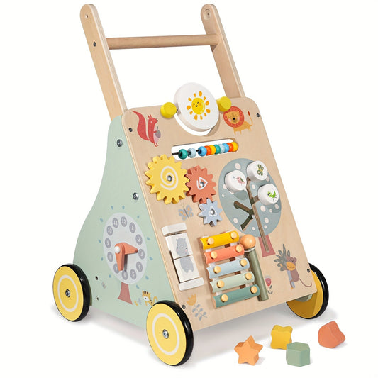 [Wooden Baby Walker] Multiple Learning Activities Wooden Baby Walker | Develops Motor Skills for Infant to Toddler | Push and Pull Walkers with Wheel for Boys Girls