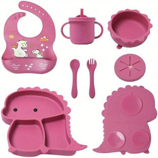 Silicone Baby Feeding Set, Baby Led Weaning Supplies, Eating Essentials Utensils with Suction Plate and Bowl, Pocket Bib, Sippy Cup with Lid, Forks Spoons Snack Container 236.22inch+