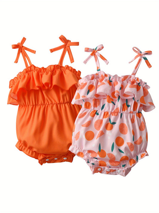 2pcs Newborn Baby Girls Rompers - Sleeveless Ruffled Bodysuits with Orange & Pink Polka Dot & Citrus Fruit Print, Soft Breathable Summer Outfits