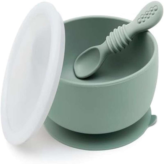 Silicone Baby Bowl and Spoon Set with Suction and Lid, First Stage Self Feeding Essentials, Food Bowl for 6+ Months