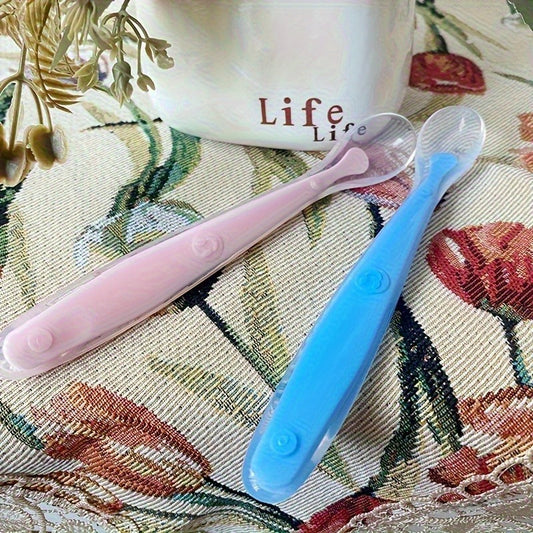 Soft-Headed Silicone Spoons - Gentle on Teeth & Easy to Clean, Ergonomic Handle, Pastel Colors (Pink & Blue), Durable Kitchen & Dining Utensils for Cooking, Baking, Soups gift