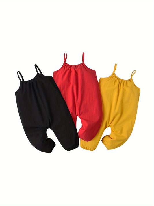 3pcs Summer Children'S Sleeveless Romper Set for Girls: Cute Casual Outfits with Ruffled Straps, Solid Colors (Black, Red, Yellow), Perfect for Outdoor