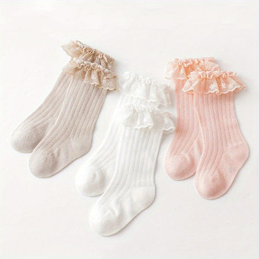 Baby Girl Knee High Socks Soft Frilly Long Socks Breathable Lace Ruffle Stockings for Newborn Infants