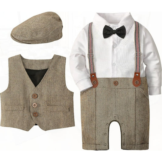 4pcs Baby Boys Suit 3 Months 18 Months Gentleman Romper Vest Berets Hat Bow Tie