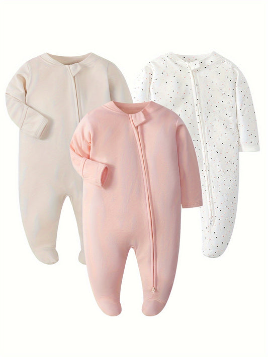 3pcs Newborn Baby Girls Clothes Footie Infant Zipper Romper With Mitten Cuffs Play PJs