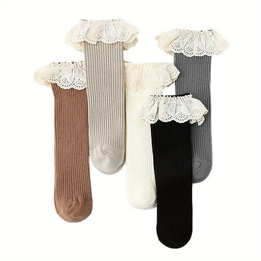 Solid Color Knitted Socks with Ruffled Lace Decorations, Lovely Middle Tube Scokings for Spring Autumn and Winter