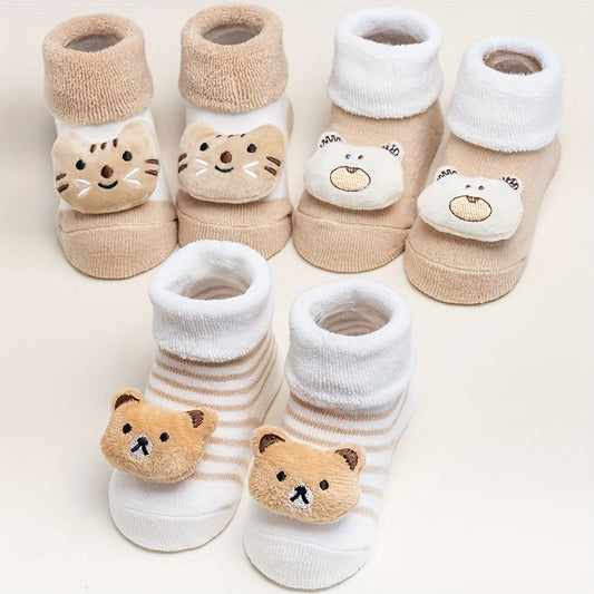 3 Pairs 's Elastic Looped Socks - Cute Chubby Bear Design, Soft Terrycloth Mid-Calf Socks with Elastic Opening for All-Season Comfort & Playful Style, Comfortable Socks | Cute Bear Pattern | Snug Fit Socks