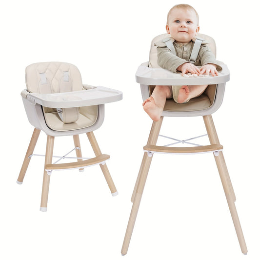 Convertible Baby High Chair, 3in 1 Wooden Highchair/Booster, 5-Point Harness, PU Cushion And Footrest for Baby, Toddlers, Baby High Chair with Adjustable Legs & Dishwasher Safe Tray, Made Of Sleek Hardwood & Premium ette, Father's Day Gift