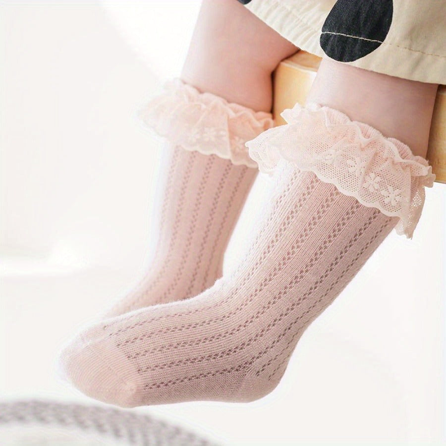 Baby Girl Knee-High Socks with Soft Frilly Lace Trim & Ruffle Details - Breathable Stretchy Fabric, Elastic Opening for Newborn Infants, Hand Wash/Dry Clean, Baby Girl Socks