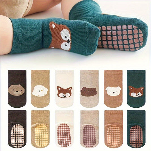 6 Pairs of Non-Slip Cartoon Animal Pattern Socks, Large Area Point-Like Grip Elastic Bed Socks, Soft Polyester Fiber All-Season Indoor Play Crawling Floor Socks, Safety Shoes