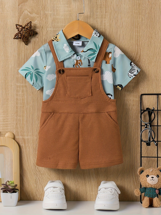 Baby Boy Light Green Animal Shirt+color Overalls Set, for Outdoor