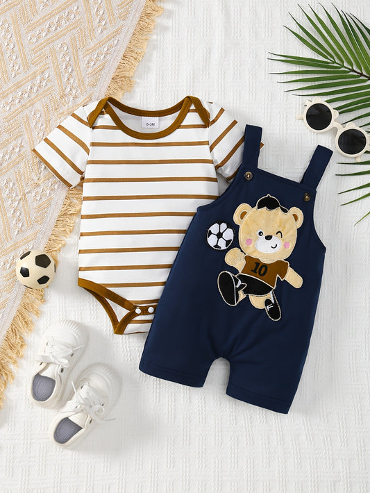 2pcs Baby Boy Newborn Shoulder Striped Short Sleeved Jumpsuit&soccer Teddy Bear Embroidered Doll Shoulder Strap Shorts Cute Two-piece Set, for Outdoor