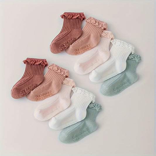 10 Pairs Youngsters' Non-Slip Lace-Trimmed Mid-Calf Socks - Breathable Cotton Blend, All-Season Toddler Walking Socks with Ribbed Cuffs & Decorative Embellishments, Cute Socks, Toddler Socks, Playful Sock Design, Soft Sock Material
