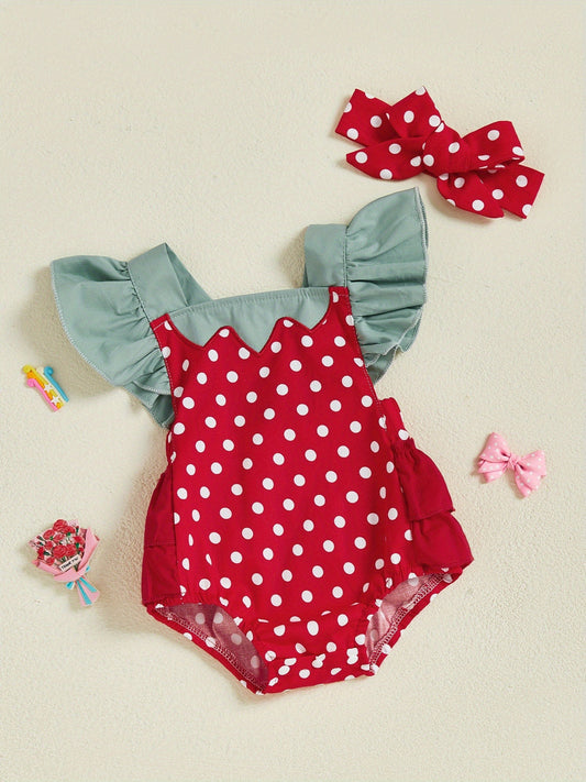 Baby Girl Strawberry Romper - Red & White Polka Dot Bodysuit with Flying Sleeves, Square Neck & Matching Bow Headband | Breathable Summer Outfit, Machine Washable Infant Clothes, Infant Girl Clothes, Perfect for Outdoor