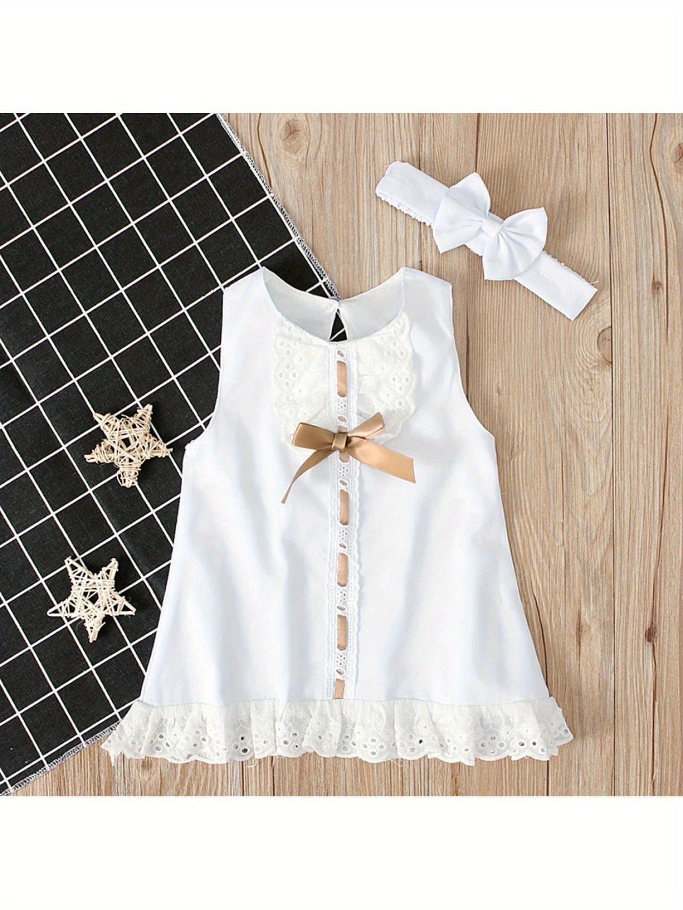 Baby Girls Summer Clothing Set, Sleeveless Lace Ruffle Princess Dress+Elastic Bowknot Headband