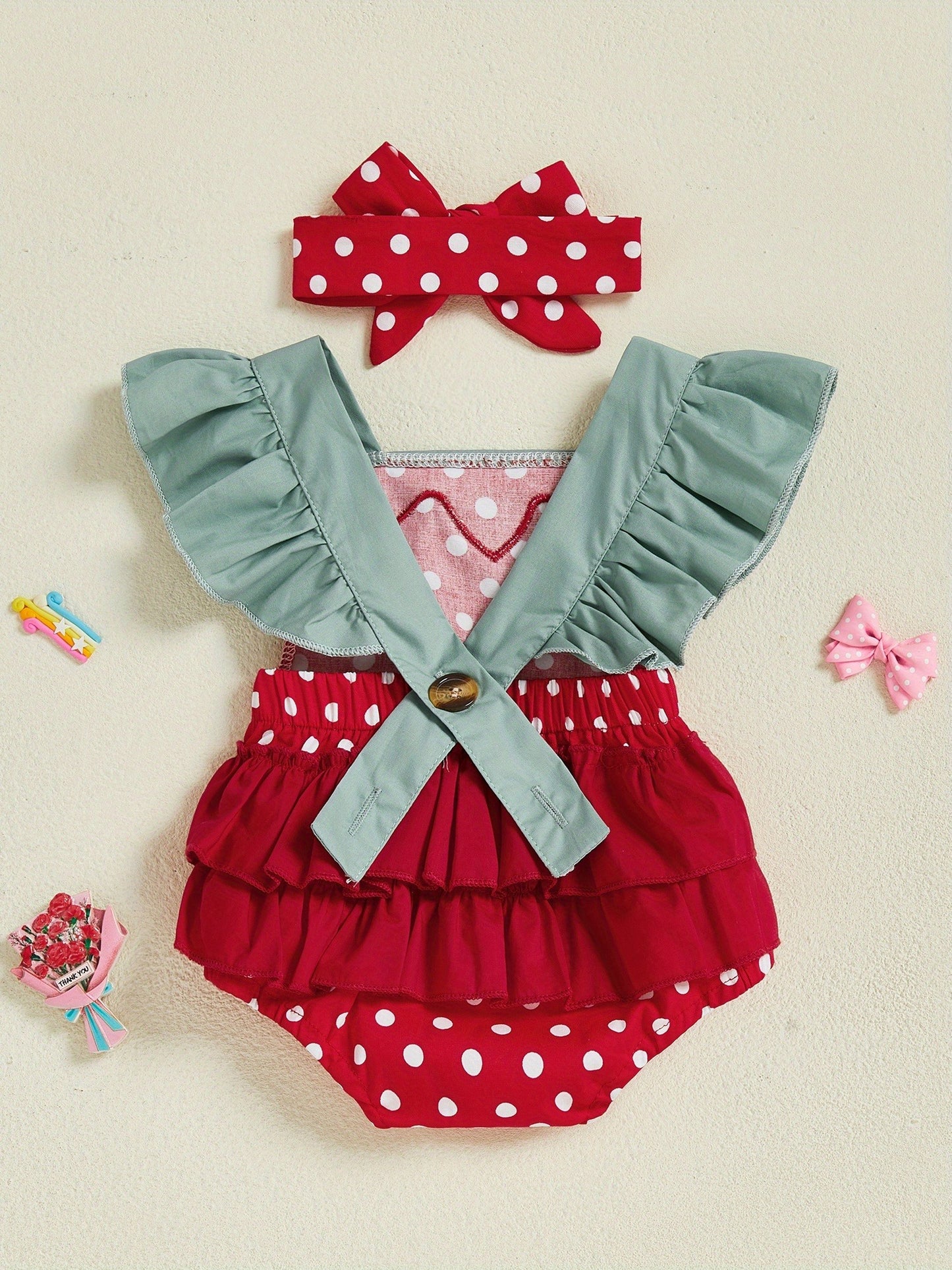 Baby Girl Strawberry Romper - Red & White Polka Dot Bodysuit with Flying Sleeves, Square Neck & Matching Bow Headband | Breathable Summer Outfit, Machine Washable Infant Clothes, Infant Girl Clothes, Perfect for Outdoor