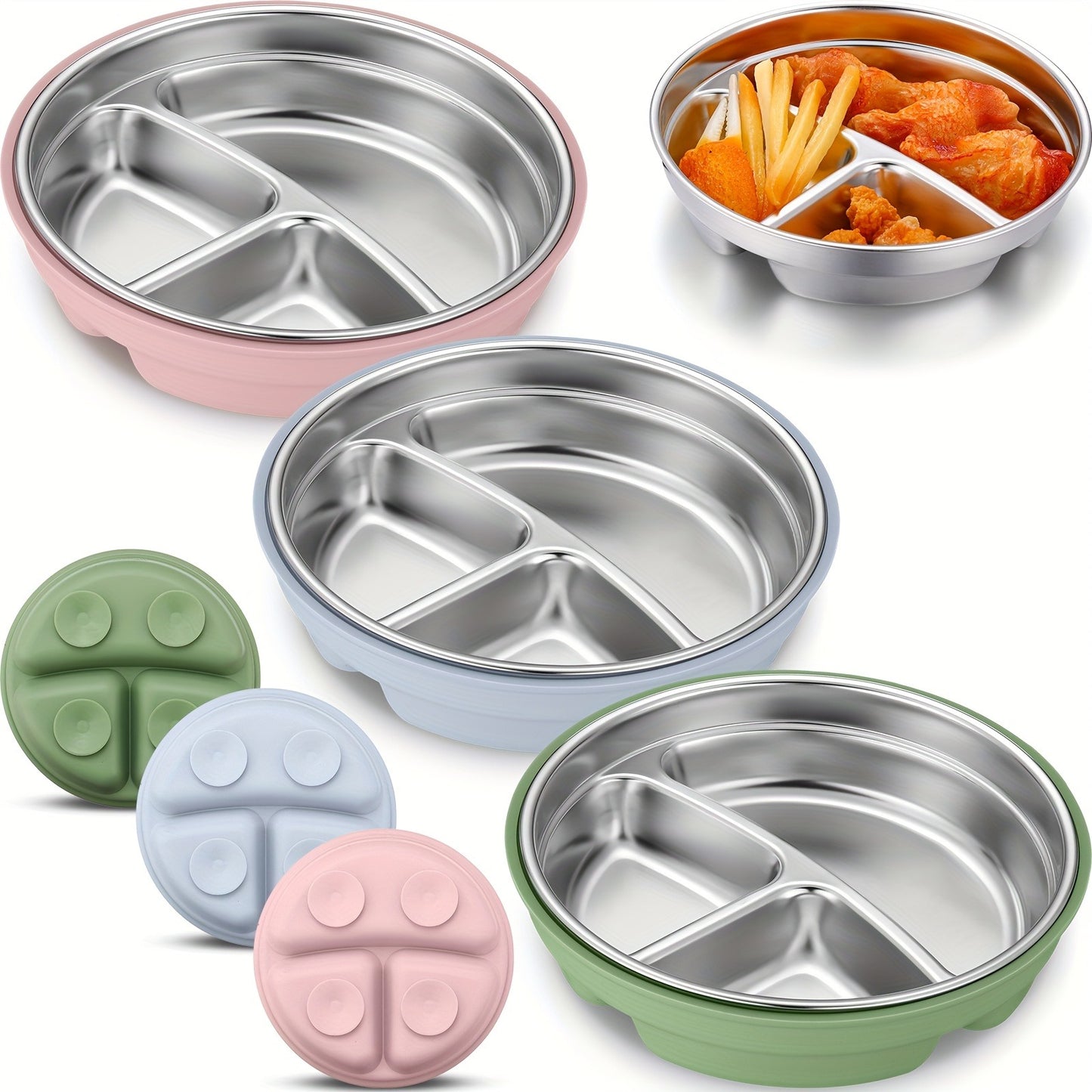 3pcs Stainless Steel Suction Plates with Removable Silicone Shell - 2-in-1 Divided Bowl & Round Plate, Dishwasher Safe, Non-Slip Grip, 3 Colors (Blue, Pink, Green) for Family Dinners