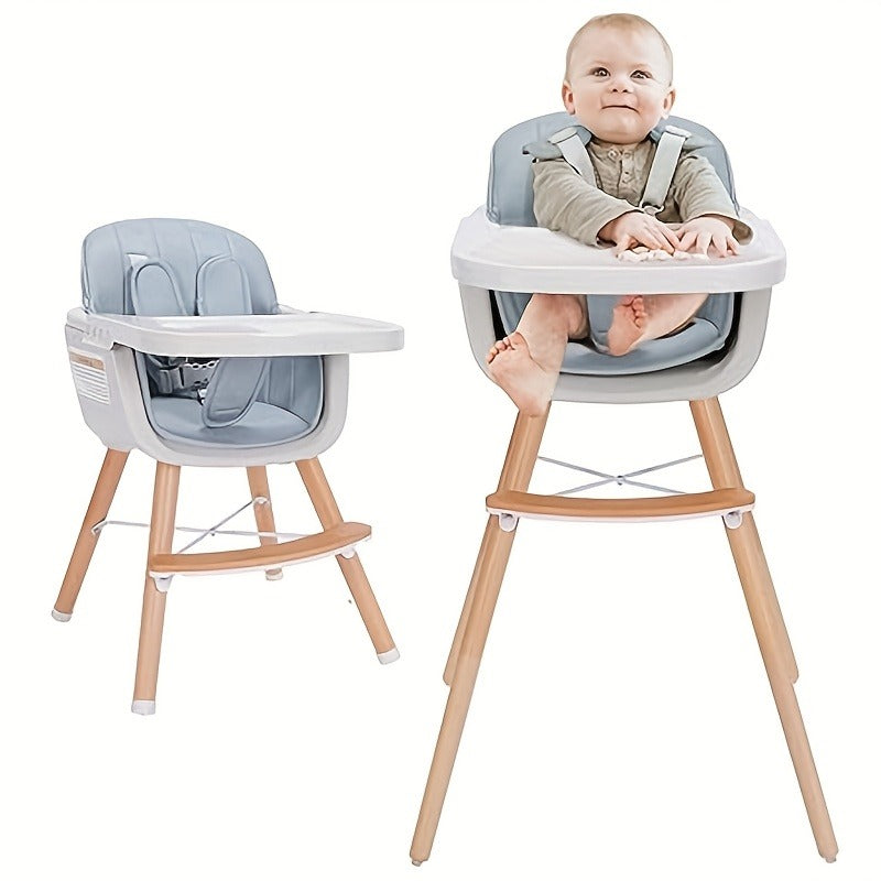Convertible Baby High Chair, 3in 1 Wooden Highchair/Booster, 5-Point Harness, PU Cushion And Footrest for Baby, Toddlers, Baby High Chair with Adjustable Legs & Dishwasher Safe Tray, Made Of Sleek Hardwood & Premium ette, Father's Day Gift