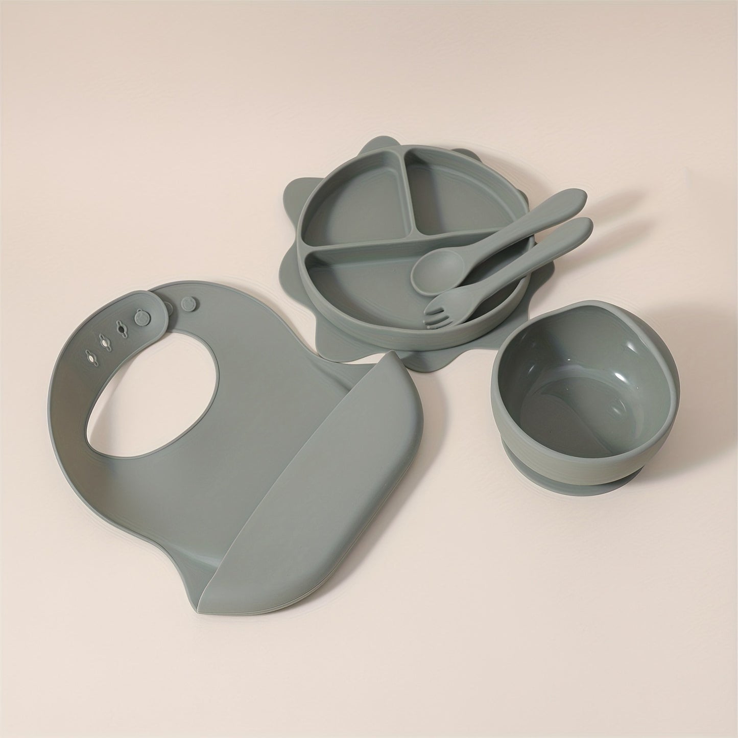 1 Set 5pcs, Baby Feeding Set With Bib, Silicone Divided Sun Plate, suction Bowl and Spoon & Fork, BPA-Free, Shatterproof, Self-feeding Utensils, Portable, Microwave & Dishwasher Safe, Tableware Set, Baby Infant Supplies