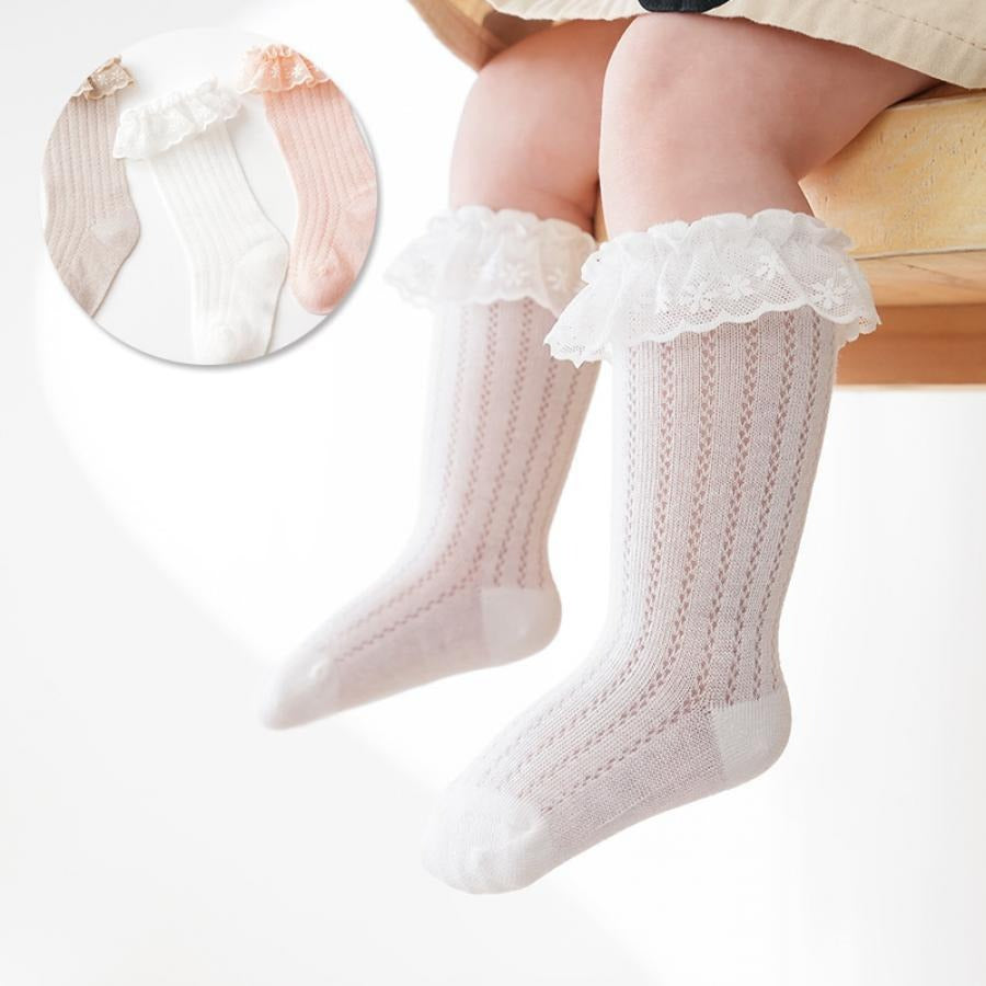 Baby Girl Knee-High Socks with Soft Frilly Lace Trim & Ruffle Details - Breathable Stretchy Fabric, Elastic Opening for Newborn Infants, Hand Wash/Dry Clean, Baby Girl Socks