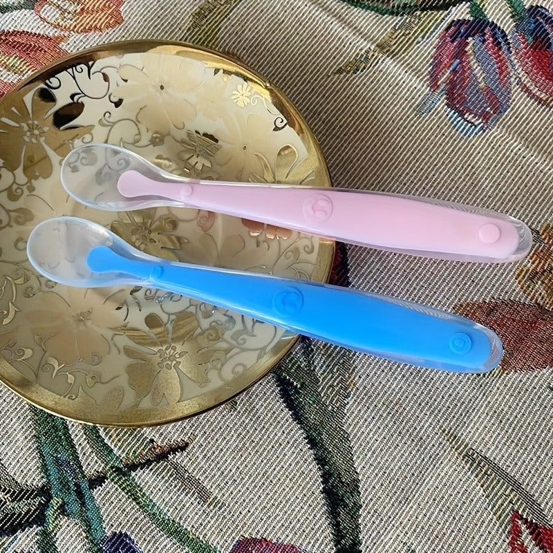 Soft-Headed Silicone Spoons - Gentle on Teeth & Easy to Clean, Ergonomic Handle, Pastel Colors (Pink & Blue), Durable Kitchen & Dining Utensils for Cooking, Baking, Soups gift