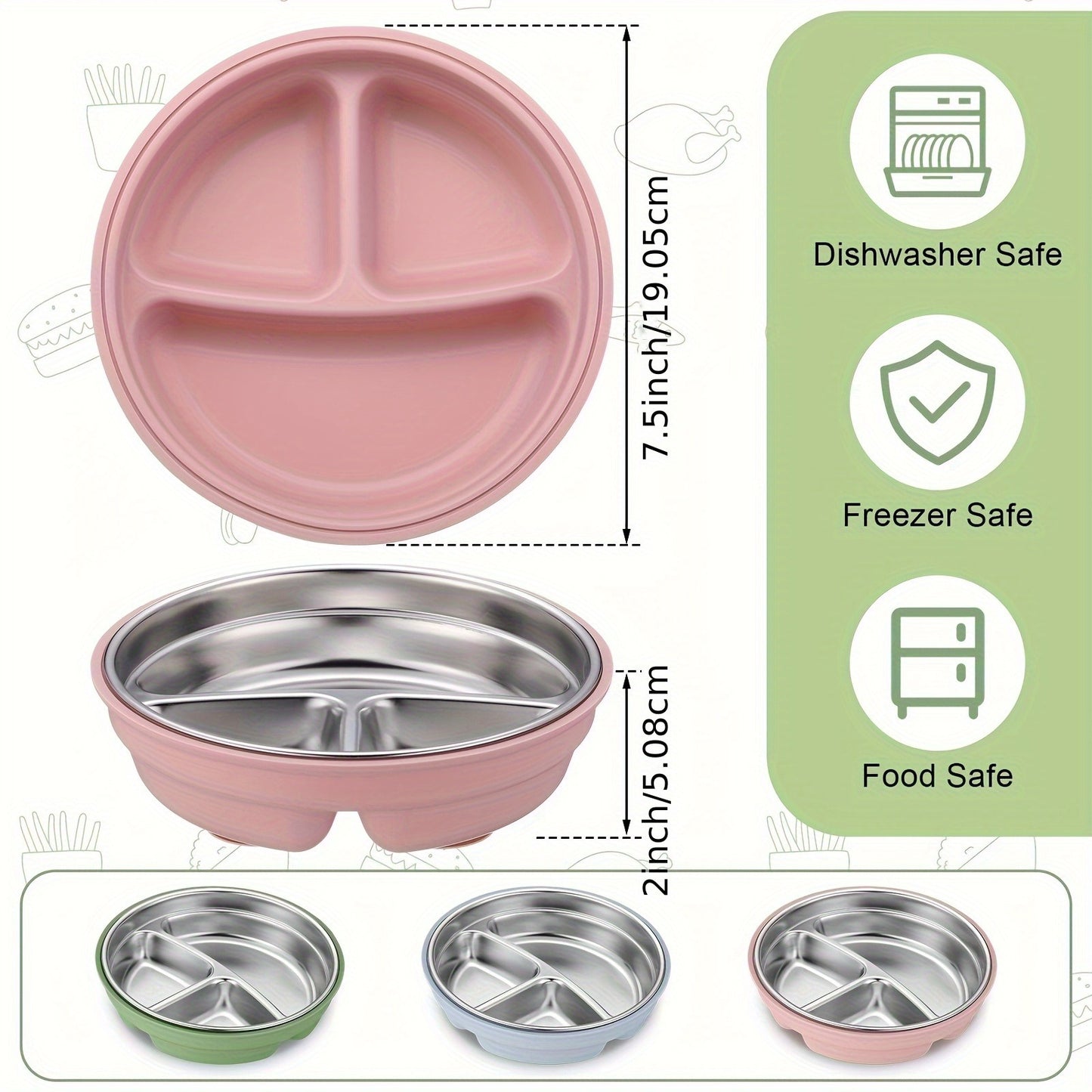3pcs Stainless Steel Suction Plates with Removable Silicone Shell - 2-in-1 Divided Bowl & Round Plate, Dishwasher Safe, Non-Slip Grip, 3 Colors (Blue, Pink, Green) for Family Dinners
