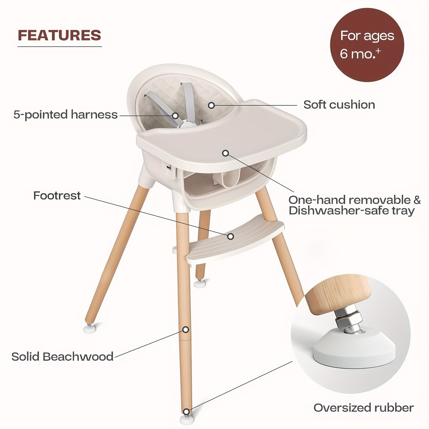 3-in-1 Wooden High Chair for Babies and Toddlers, Convertible Easy Clean Infant Highchair