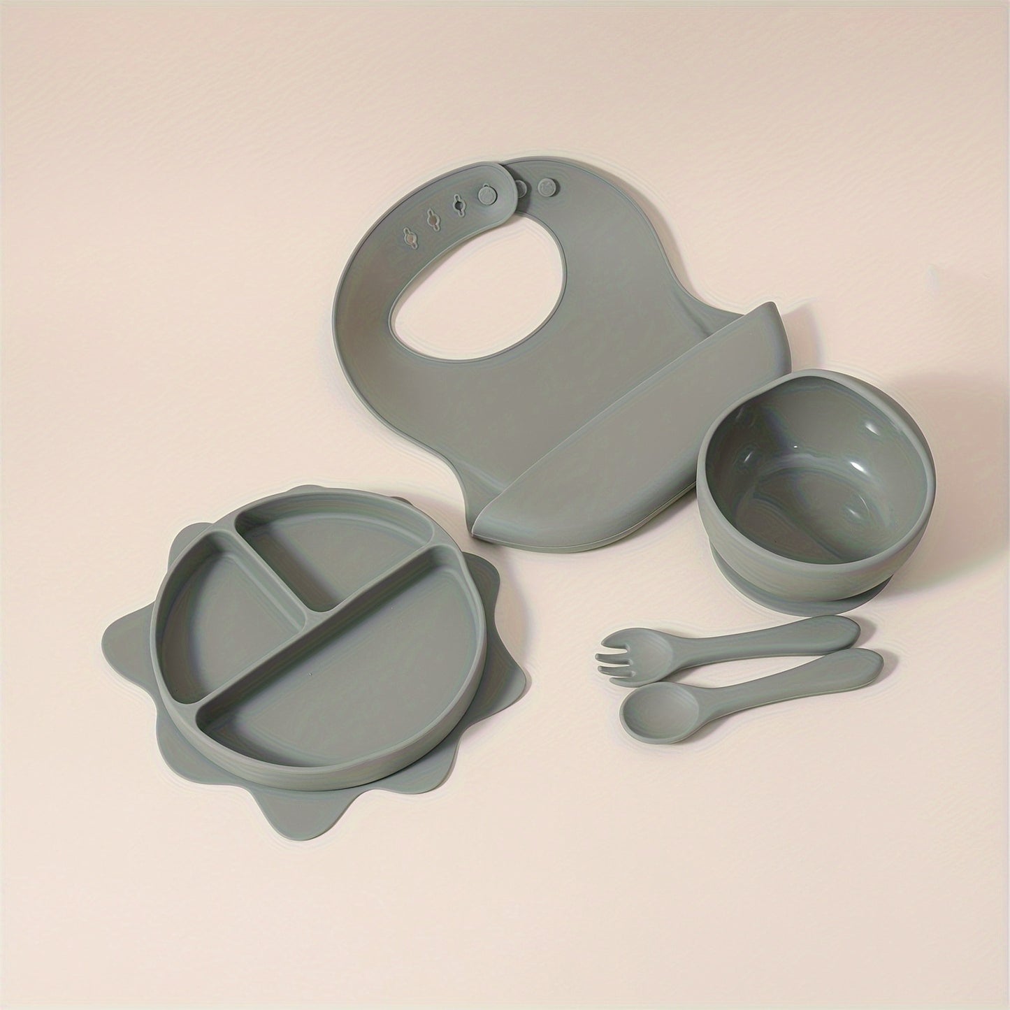 1 Set 5pcs, Baby Feeding Set With Bib, Silicone Divided Sun Plate, suction Bowl and Spoon & Fork, BPA-Free, Shatterproof, Self-feeding Utensils, Portable, Microwave & Dishwasher Safe, Tableware Set, Baby Infant Supplies