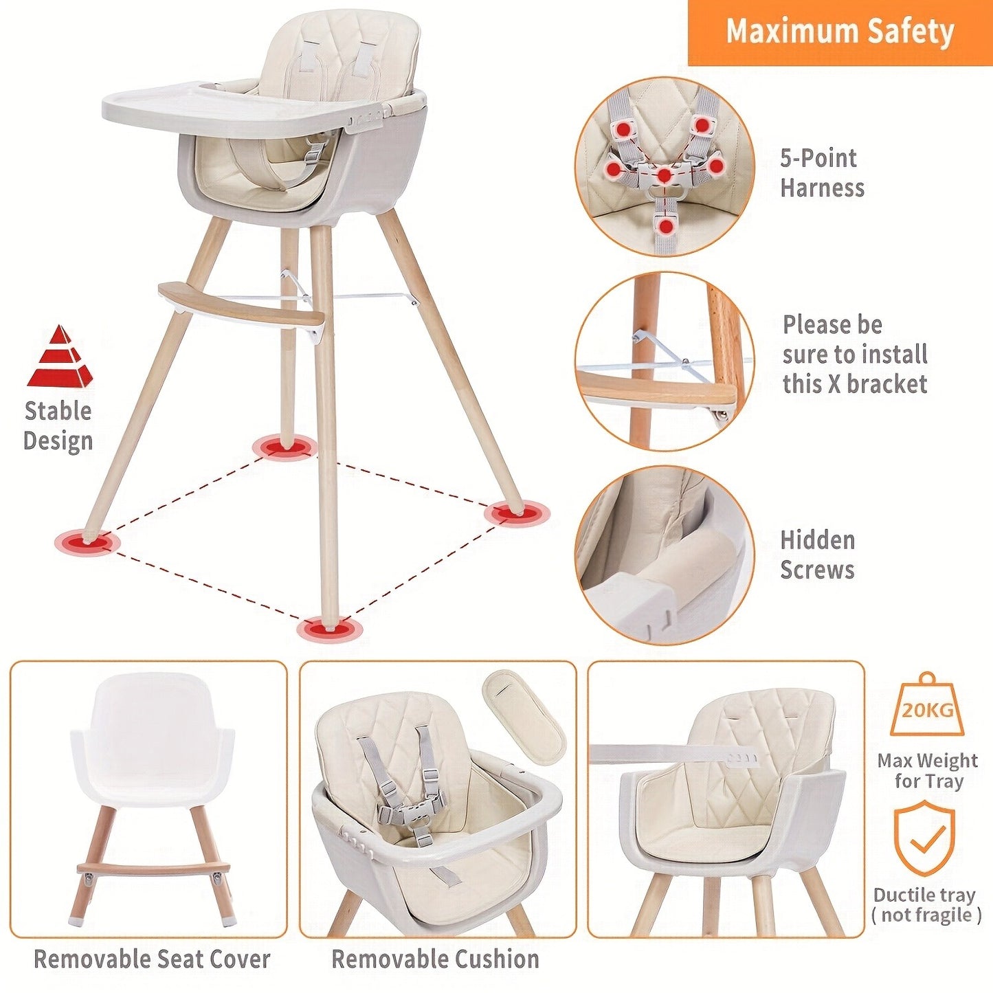 Convertible Baby High Chair, 3in 1 Wooden Highchair/Booster, 5-Point Harness, PU Cushion And Footrest for Baby, Toddlers, Baby High Chair with Adjustable Legs & Dishwasher Safe Tray, Made Of Sleek Hardwood & Premium ette, Father's Day Gift