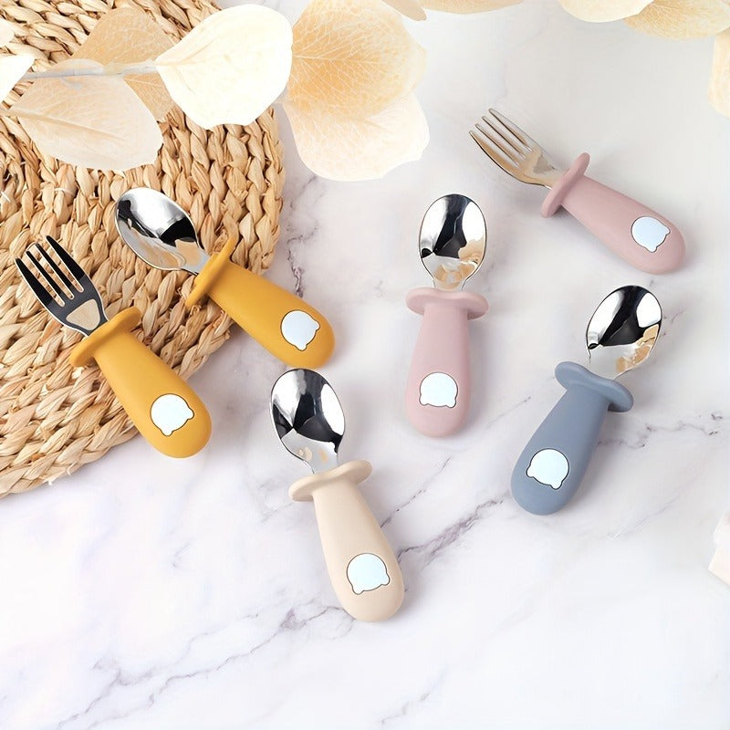 2 Set Baby Toddler Silicone Stainless Steel Utensils Silverware, Mixed Color, Spoon Fork, for Baby Toddler, with Christmas Halloween Gifts, Best for Christmas