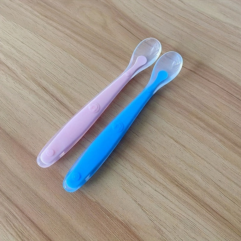 Soft-Headed Silicone Spoons - Gentle on Teeth & Easy to Clean, Ergonomic Handle, Pastel Colors (Pink & Blue), Durable Kitchen & Dining Utensils for Cooking, Baking, Soups gift